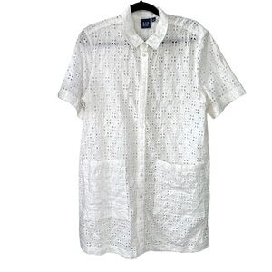 GAP Cotton Eyelet Button Front Short Sleeve Mini Shirtdress Coverup White XL